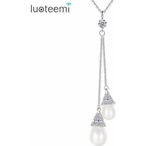 LUOTEEMI Classic Slide Double Water Drop Necklace Long Line Imitation Pears Gift For Girl Friend Wife Mom Wedding Anniversary