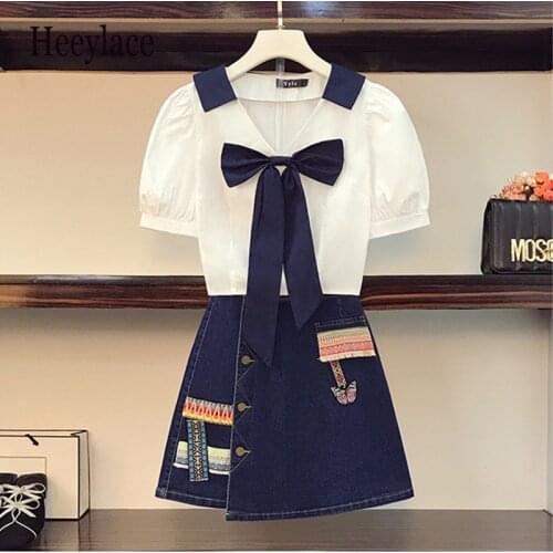 Plus size sets Bowknot Puff Sleeve Top Denim Skirt 2 piece set Women Retro Embroidery Patchwork Irregular Mini Cowboy Skirt Suit
