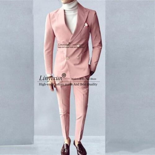 Pink Fashion Men Suits Double Breasted 2 Pieces (Jacket+Pants) Peaked Collar Slim Fit Suits for Wedding Dinner Party Tuxedos