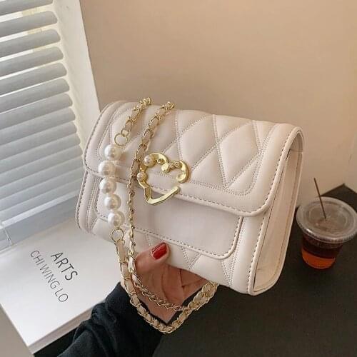 Quilted Pearl Chain PU Leather Saddle Crossbody Bags for Women 2021 Fashion Small Shoulder Bag Female Handbags and Purses