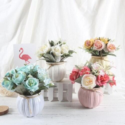 Vintage Nordic Car Ornaments Furong Rose Color Ceramic Bonsai Set Car Interior Decoration Accessories Living Room Bedroom Gift