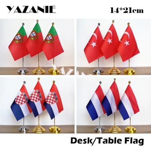 YAZANIE 14*21cm Portugal Turkey Table Flag with Stainless Steel Base & Pole Croatia Netherlands Desk Display Country Hand Flags