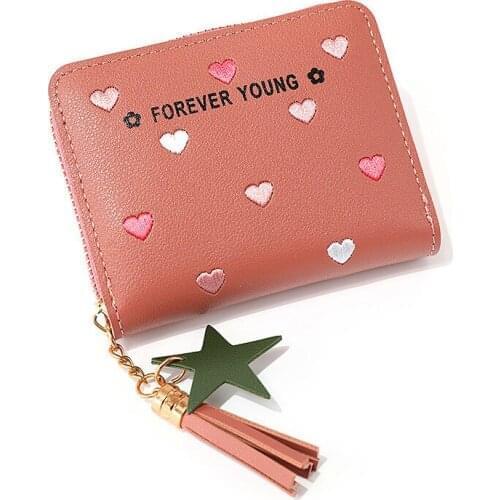 Women Leather Wallets Embroidery Pattern Female Tassel Pendant Short Purse Fashion Min Ladies Credit Card Holder