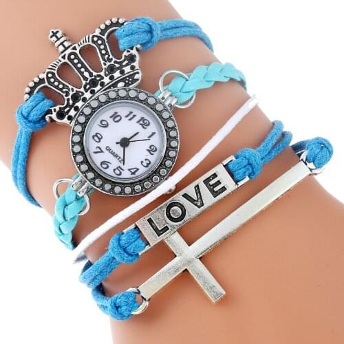 Gnova Platinum Christian Cross Love Paracord Bracelet Women Watch Queen Crown Charm Vintage Fashion Quartz Wristwatch A893