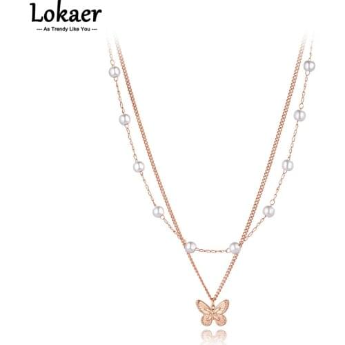 Lokaer Bohemia Stainless Steel Double-layer Butterfly Charm Choker Necklaces Fashion White Pearl Chain Necklace For Women N21141