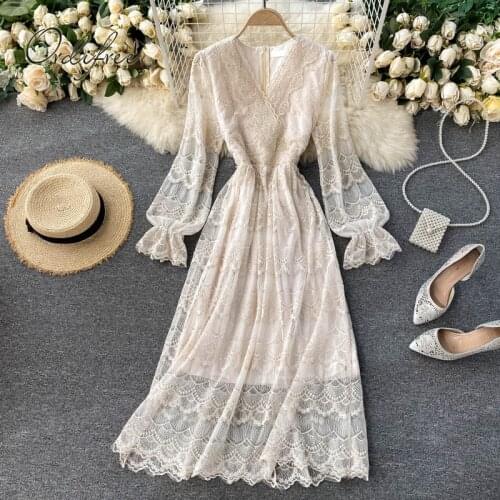 Ordifree 2021 Autumn Winter Women Party Dress Long Sleeve Vintage Fleece Warm Black Lace Embroidery Dress