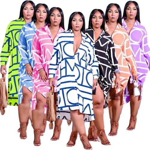 New Arrivals Women Plus Size Shirt Dresses 2021 Autumn Casual Turn-down Collar Single-Breasted Split Loose Mid-Calf Print Dress