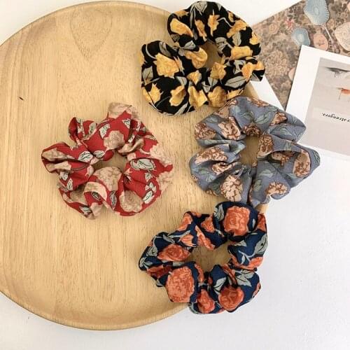 3pcs/Bag Hair Tie Floral Printing Solid Elastic Scrunchie Design Hair Accessories Ponytail Hair Holder Retro Ladies Hair Rope