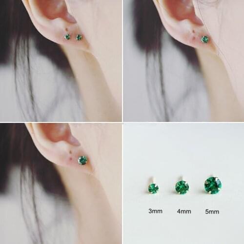 CCFJOYAS 925 Sterling Silver 14K Gold Plated Emerald Green Stud Earrings mini Japanese and Korean Small Round four-claw Earrings