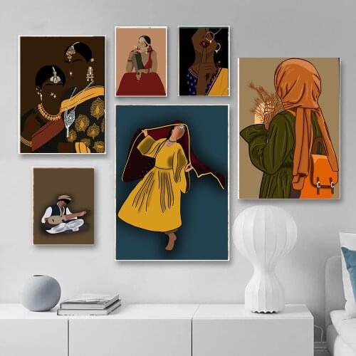 Black Indian Woman Illustration African Wall Art Canvas Painting Modern Posters And Prints Wall Pictures For Living Room Decor