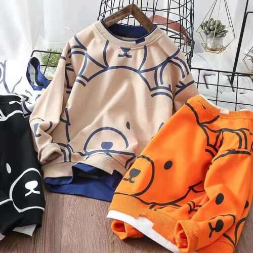 Childrens Cartoon Printed Spring and Autumn Sweater New Clothes FakeTwoPieceBottomedShirt Boys' T-shirt PulloverChildrens Wear