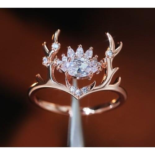 Elegant Gold Color Deer Antlers Elk Rings Inlaid With White Cubic Zircon Fashion Women Rings Wedding Jewelry
