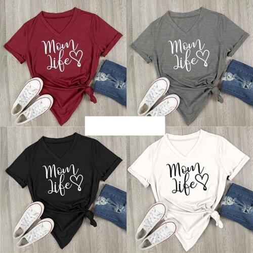 Summer Casual Tshirt Mom Life Letter Printed V-Neck Short Sleeve Tops Tees Female Loose Tees T-Shirt For Women Gray