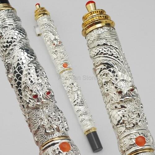 Jinhao Ancient Rollerball Pen Silver Tower Cap Small Double Dragon Playing Pearl Metal Carving Embossing Heavy Pen Writing Pens