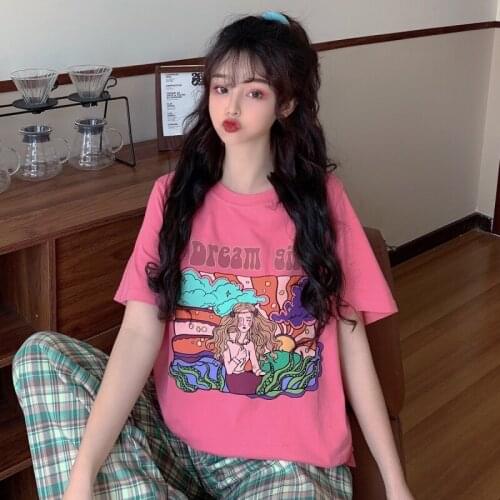 Summer letter cartoon printing loose short-sleeved T-shirt womens bottoming shirt all-match casual top women