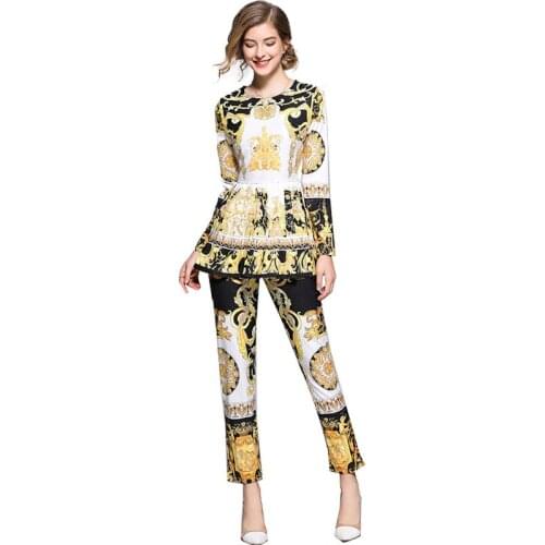 Fashion Runway 2 Pieces Set Women Tops And Pants Angels Gold Print Pleated Flare Blouses Shirts + Skinny Pencil Trousers Suit