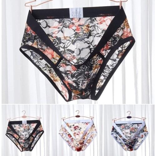 Men Sexy Underwear Lace Low Rise Briefs Thong T-Back G-String Breathable Lingerie Underpants Semi See Through Panties