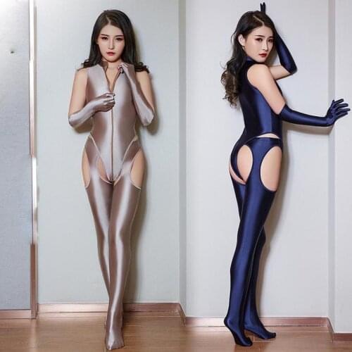 Sexy Shiny Stretchy Gloved Teddy Catsuit Suspender Leggings Set Rave Pole Dance Wear Women Fetish Goth Costume