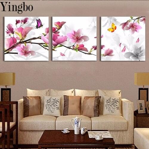 Full square round diamond painting Pink magnolia flower butterfly diamond embroidery triptych 5d diy diamond mosaic wall sticker