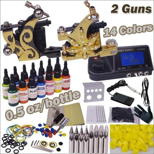 Professional Tattoo Machine Kit Complete with Power Supply Clipr Cord Ink Grip Needles Tip Tattoo Set Supplies