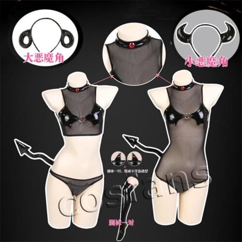 Sexy Women Little Demon Devil Cosplay Bikini Suit Summer Black Patent Leather Transparent Swimsuit Halloween Carnival Party Suit