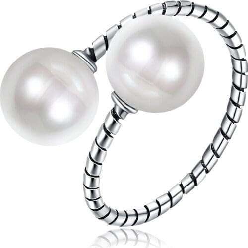 SILVERHOO 925 Sterling Silver Adjustable Imitation Pearls Women Ring Romantic Fashion Retro Design Engagement Party For Friend