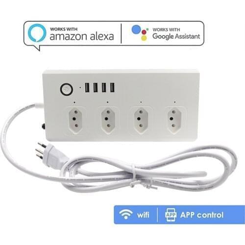 Tuya Smart Brazil Socket WiFi Smart Plug With 4 USB Socket Extension Cord Smart Home Control Works With Alexa & Google Home