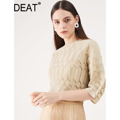 DEAT Pleated T Shirt Woman Pullover Diamond Thin Solid Elegant Vintage Style Seven Sleeve Tops 2021 New Summer Fashion AM201