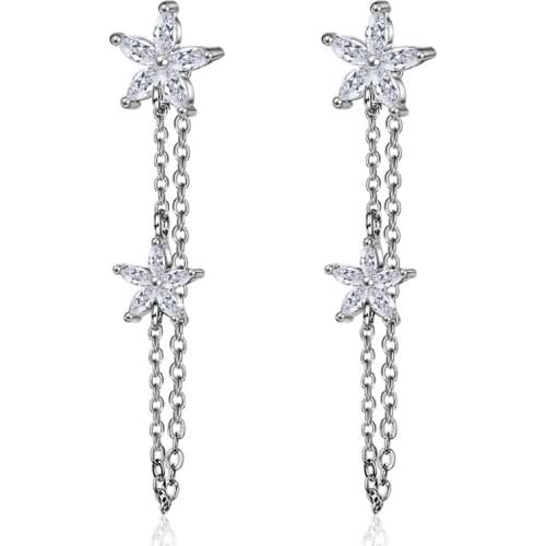 New Arrival Fashion Shiny Cz Zircon Flower Female 925 Sterling Silver Ladies`long Stud Earrings Jewelry Birthday Gift Wholesale