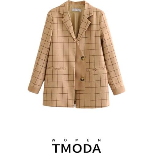 TMODA510 Vintage Stylish Patchwork Plaid Blazer Coat Women 2021 Fashion Notched Collar Long Sleeve Female Outerwear Chic Tops