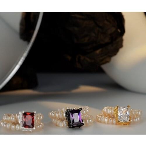 Silvology 925 Sterling Silver Double Layer Pearl Zirconia Rings for Women Square Texture Chic Luxury Rings 2021 Designer Jewelry