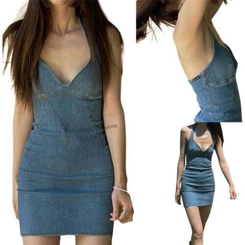 2021 Sexy Halter V-neck Denim Short Dress Women Fashion Summer Solid Color Backless High Waist Skinny Dress