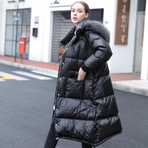 Large Real Raccoon Fur Collar 2019 Womens Winter Loose Coat Thick Warm Long Down Parkas Windproof 90% White Duck Down Jacket