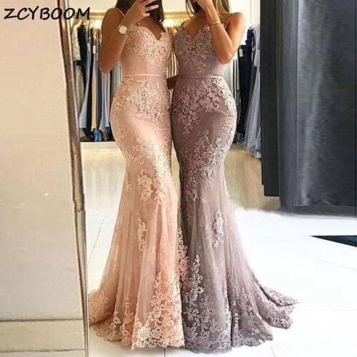 Evening Dresses 2021 New Women Champagne Formal Party Mermaid Vestidos De Gala Appliques Sequins Lace Long Graduation Prom Gowns