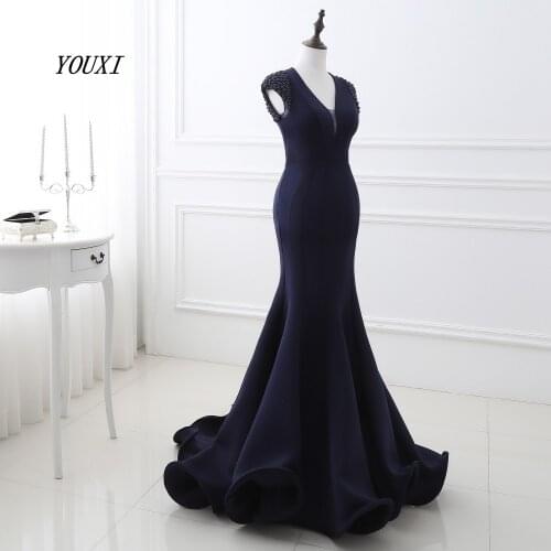 Sexy V-Neck Navy Blue Open Back Mermaid Evening Dresses 2019 Robe De Soiree Pearls Beading Women Formal Gowns