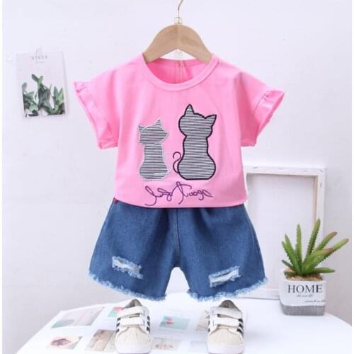 2021 Summer Children Cotton Clothes Summer Baby Gilrs Cartoon Cat T Shirt Short Jeans 2Pcs/Sets Kids Fashion Toddler Tracksuits