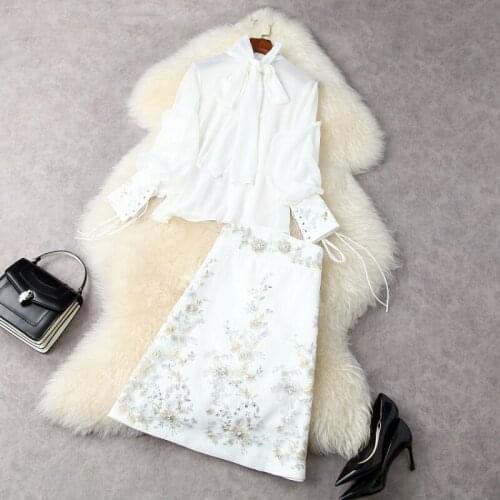 2021 Long Sleeved Shirt with Bow Collar Beaded Embroidered Skirt Fashion Suits European and American Womens Wear for Spring