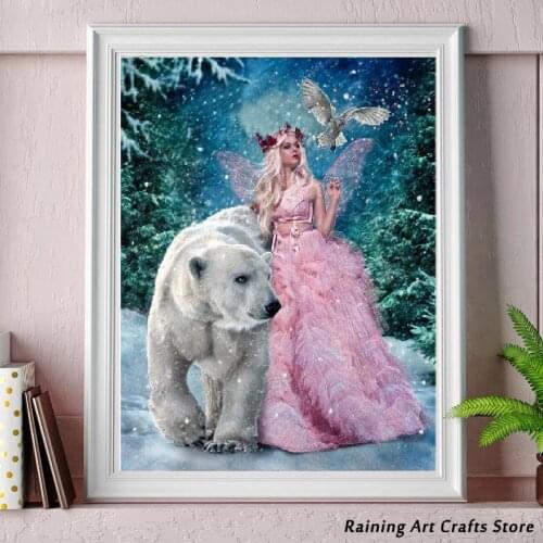 5D Diy Diamond Painting Pink Butterfly Princess and White Bear Cross Stitch Kits Embroidery Cross Stitch Mosaic Pictures Decor