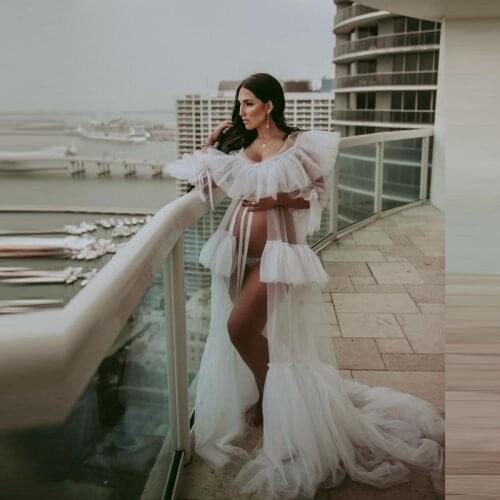 White Tulle Maternity Dresses Summer Long Sleeves See Through Maternity Dresses For Photo Shoot Tiered Simple Ttulle Robes