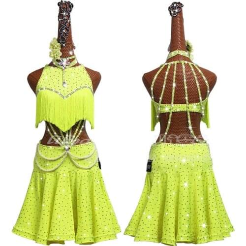 Shiny Fluorescent Green Fringed Latin Dance Dresses Competition Costume High-end Custom Stage Performance Dance Skirt Women