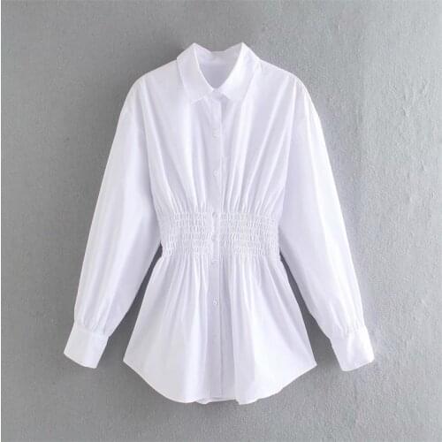 TRAF Women Elastic Waist White Cotton Blouse Elegant Chic Fashion Ladies Shirt Tunic Smock Female Streetwear