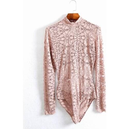 New Fashion Women Sexy Long Sleeve Lace Stand Collar Base Slim Bodysuits Lady Backless Catsuits Female Elegant Overalls