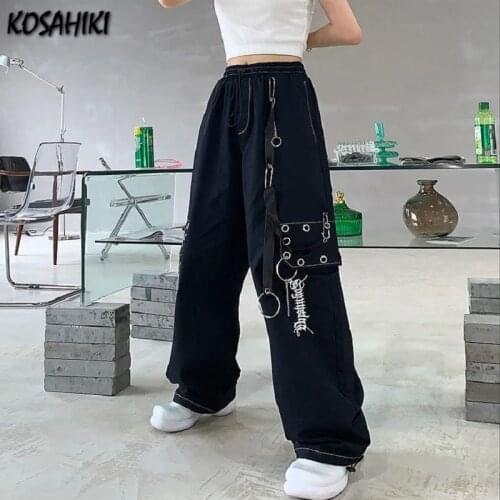 KOSAHIKI Streetwear Harajuku Gothic Casual Cargo Sweatpants Joggers Women Korean Fashion Baggy Elastic High Waist Pants