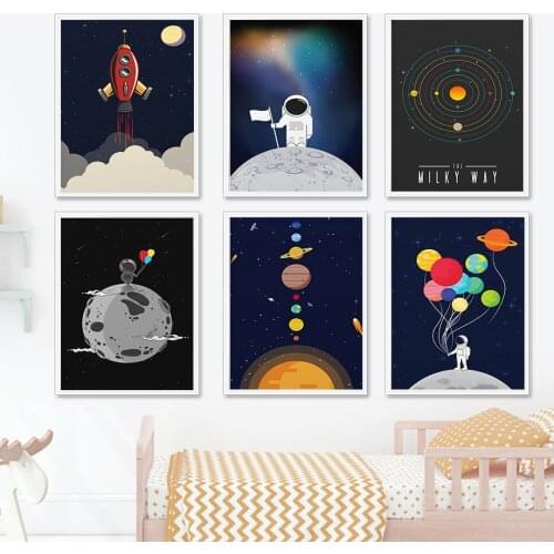 Nursery Astronaut Solar System Rocket Kawaii Wall Art Canvas Painting Nordic Posters And Prints Decoration ​Pictures Kids Room