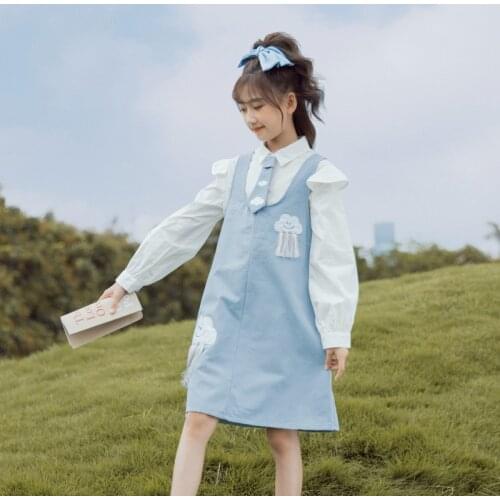 2021 Autumn Girls Clothes Set Boutique Kids Clothing Sets Teen Girl Tops and Dress 2 Pcs Suit Long Sleeve White Shirt Children