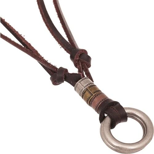 Fashion Vintage Genuine Leather Necklaces Men Retro Metal Circle Geometric Pendant Necklace for Women