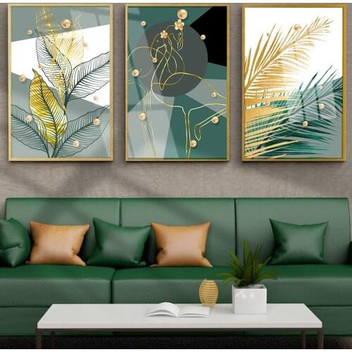 Nordic Golden abstract leaf flower Wall Art Canvas Painting Black white feathers Poster Print Wall Picture for Living Room Decor
