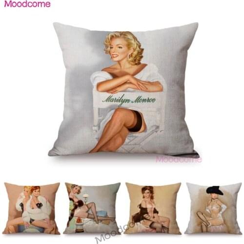 50s Retro Art Sexy Lady Girl Vintage Art Pub Bar Decoration Pillow Case Classic Monroe Fashion Woman Cotton Linen Cushion Cover