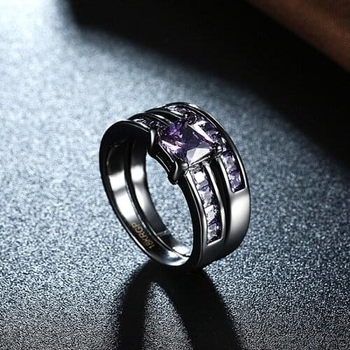 New Square Purple Zircon Engagement Ring Set Black Gold Filled Princess Cut 2ct CZ Band Cubic Zirconia Mens Ring Anillos LR0966