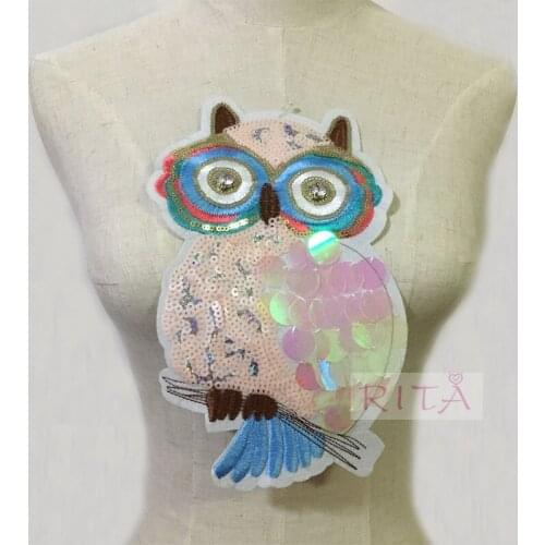 New Arrival 1 Pcs 15*25.7cm Sequins Owl Embroidered Patches No Glue Cartoon Motif Applique Embroidery Garment Accessory